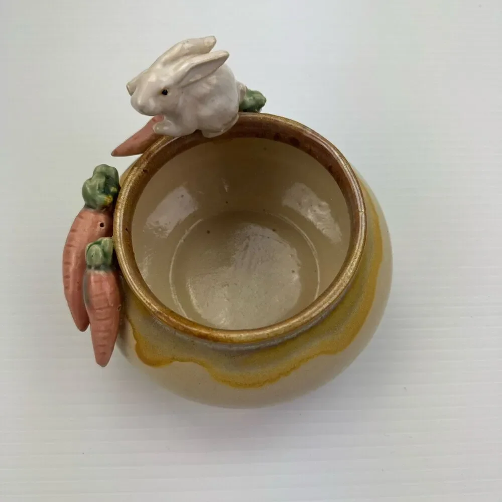 Vintage Easter Bunny Pottery Candy Bowl w Carrots Rabbit Spring Decor